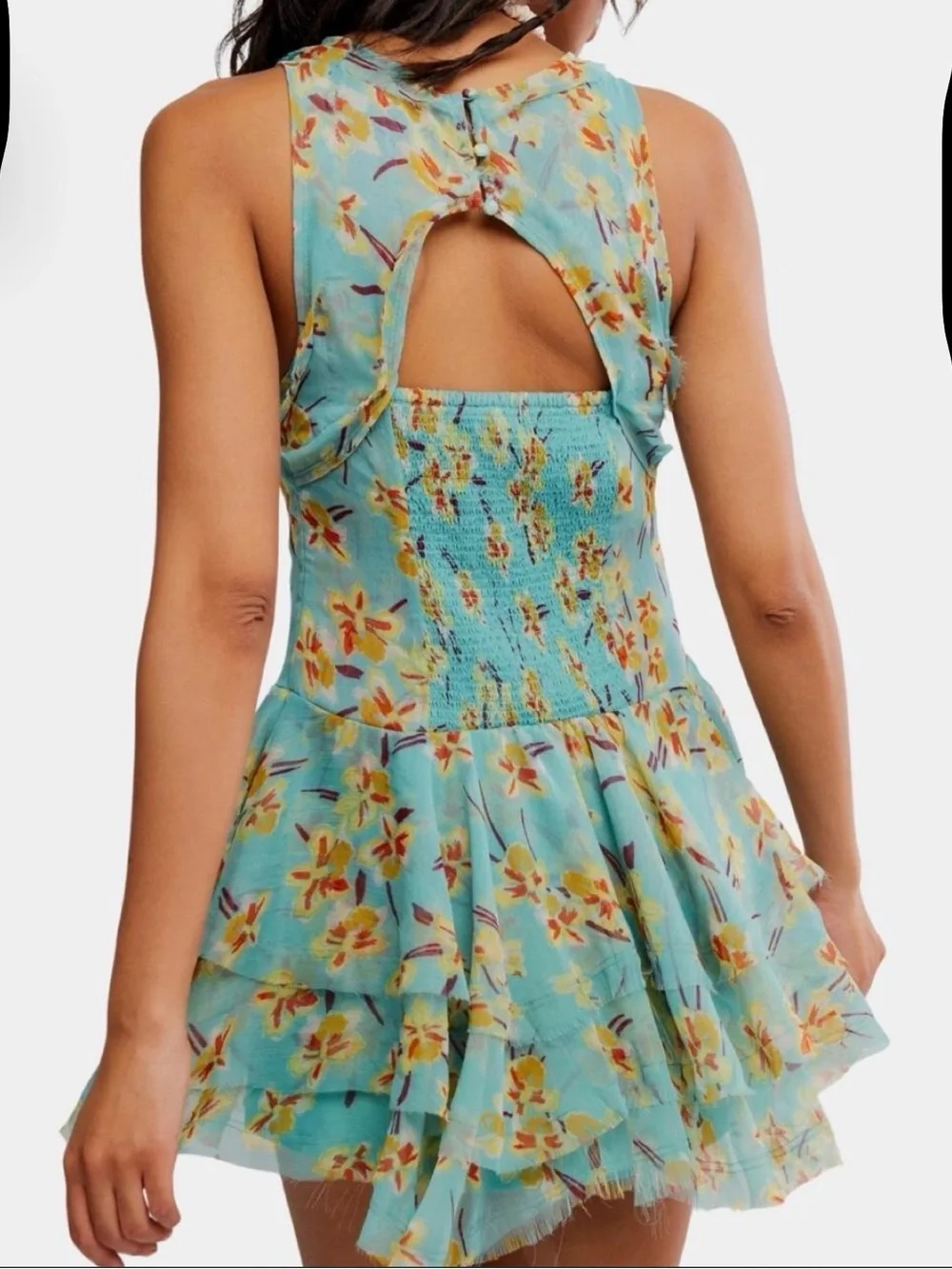 Free People Aqua Floral Ruffled Mini Dress